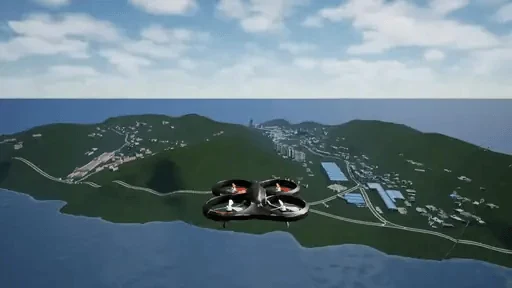 MissionBench aerial visual-inspection mission approaching an isolated house rooftop.